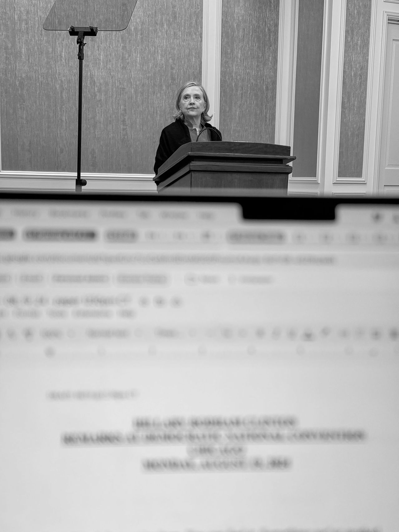 Hillary Clinton prepares for her speech during a run-through ahead of the DNC on Monday, August 19.