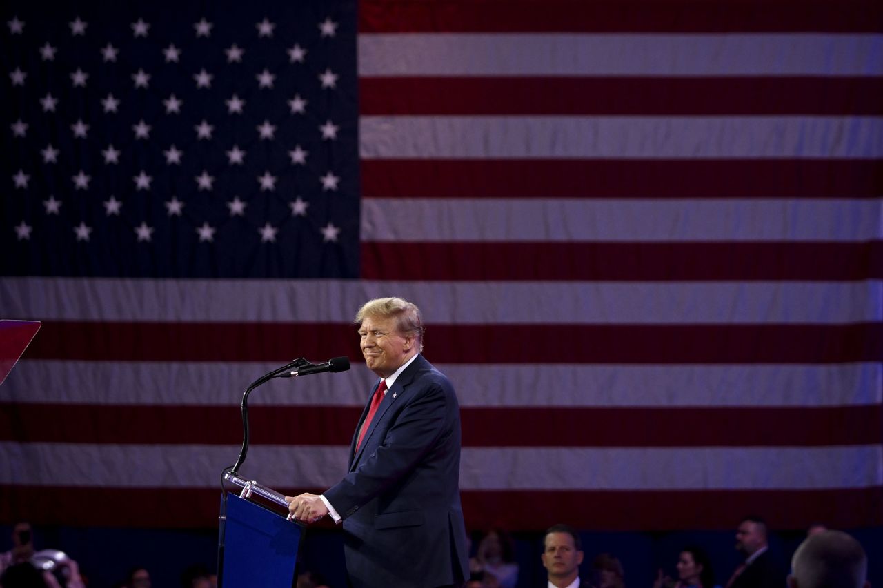 Former President Donald Trump makes a speech as he attends the 2024 Conservative Political Action Conference (CPAC) at the Gaylord National Resort and Convention Center in National Harbor, Maryland on February 24.