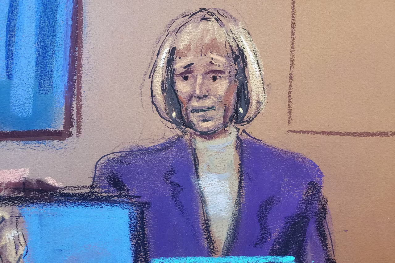 A courtroom sketch shows E. Jean Carroll testifies during the second civil trial at Manhattan Federal Court in New York, on Wednesday, January 17.
