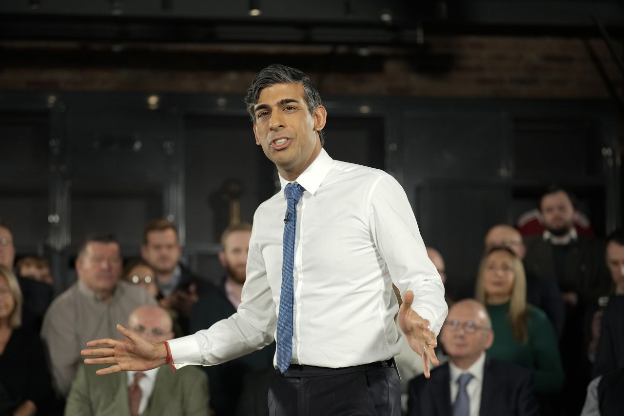 UK Prime Minister Rishi Sunak talks to an audience at a PM Connect event at Accrington Stanley Football Club on January 8, in Accrington, England. 
