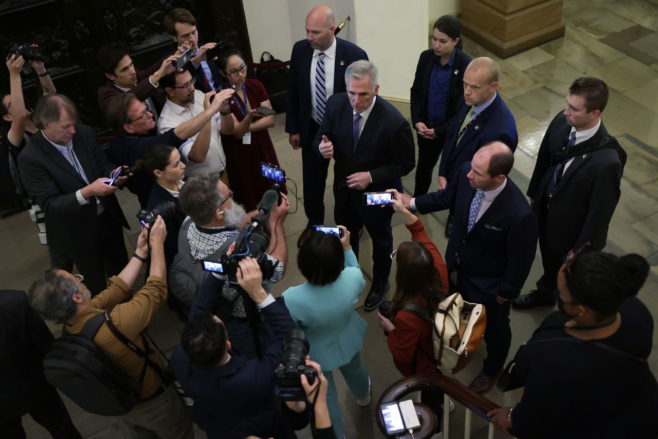 Speaker of the House Rep. Kevin McCarthy speaks to members of the press as he arrives at the Capitol on May 31, in Washington, DC. 