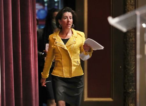 Rhode Island Governor Gina M. Raimondo arrives for a news conference giving a coronavirus update at the Veterans Memorial Auditorium in Providence, on May 12. 