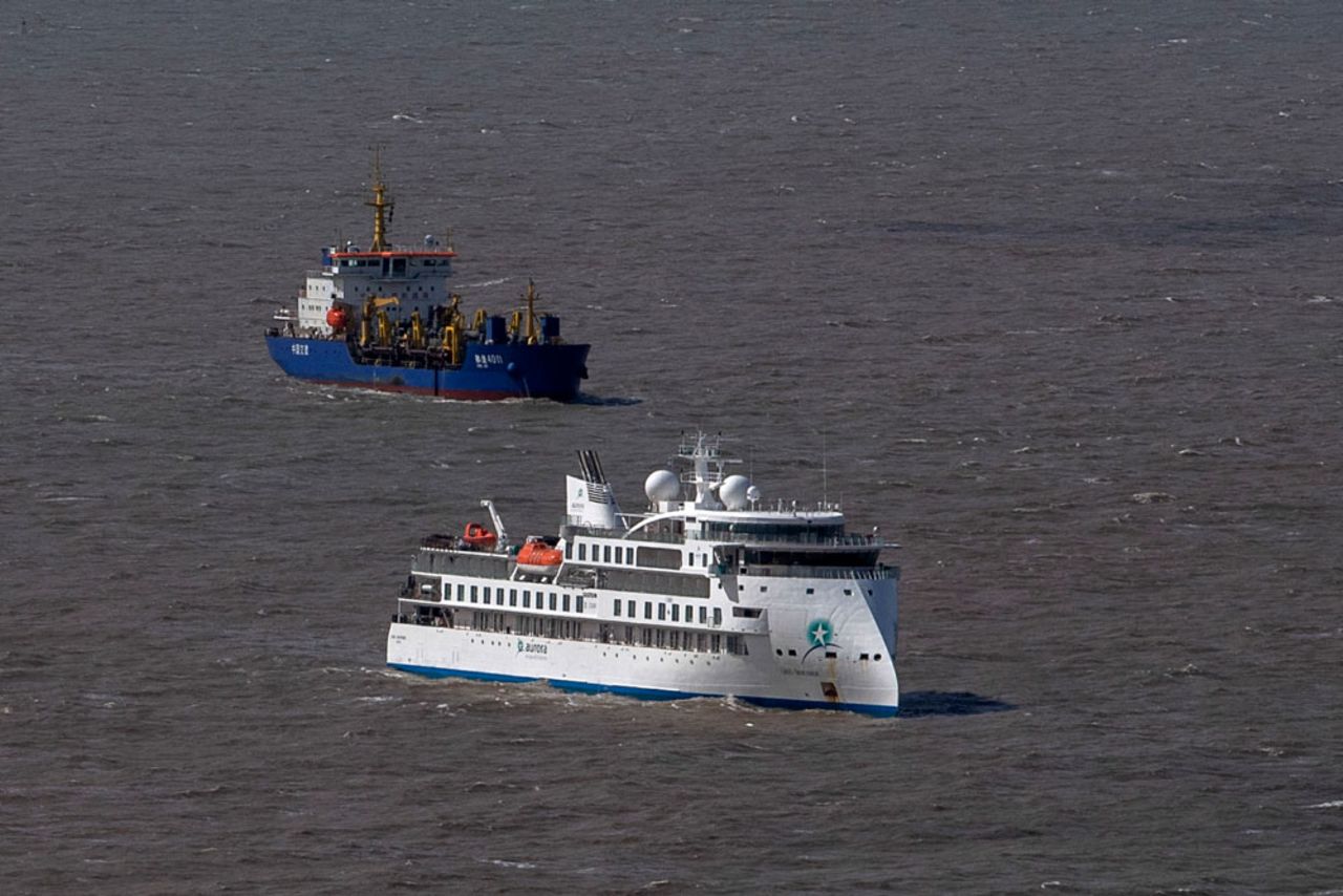 Aerial view of Australian cruise ship Greg Mortimer off the port of Montevideo on April 7.