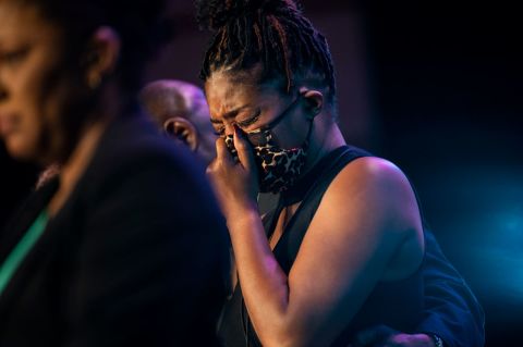 Actress Tiffany Haddish cries at a memorial service for George Floyd at North Central University on June 4 in Minneapolis, Minnesota.