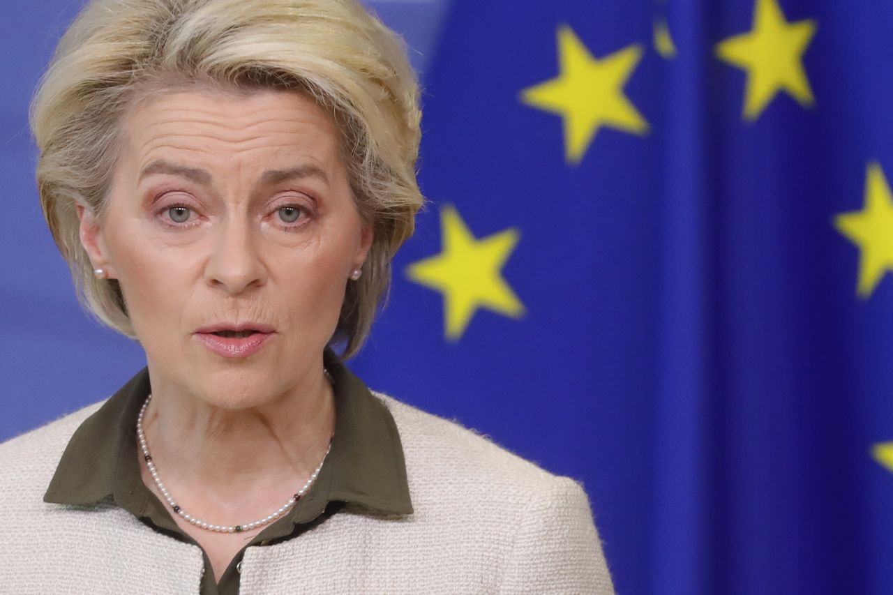 European Commission President Ursula von der Leyen speaks during a press statement at EU headquarters in Brussels, Belgium, on February 27.