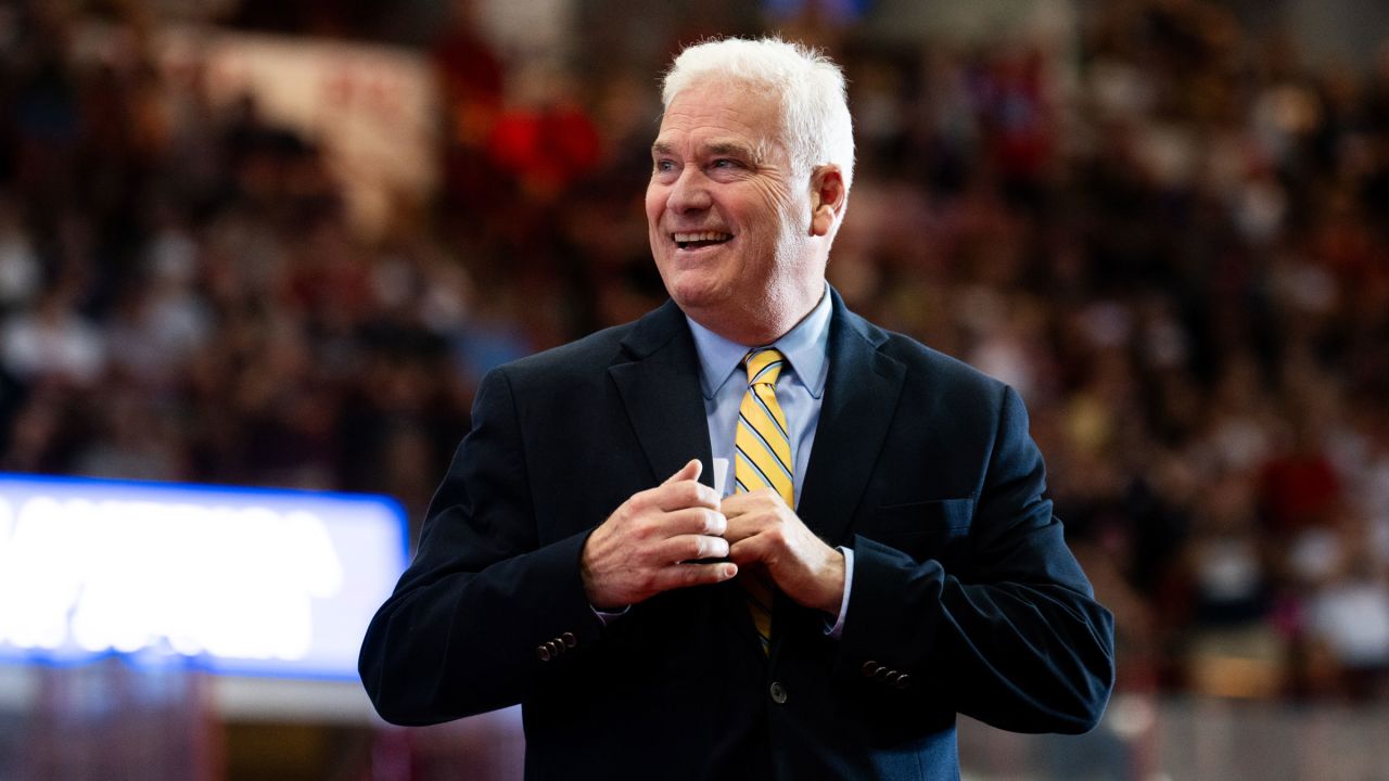 House Majority Whip Tom Emmer takes the stage to speak at a rally in St. Cloud, Minnesota, in July. He will be playing Walz in a mock debate with vice presidential candidate JD Vance later this week, two sources familiar with the planning said.