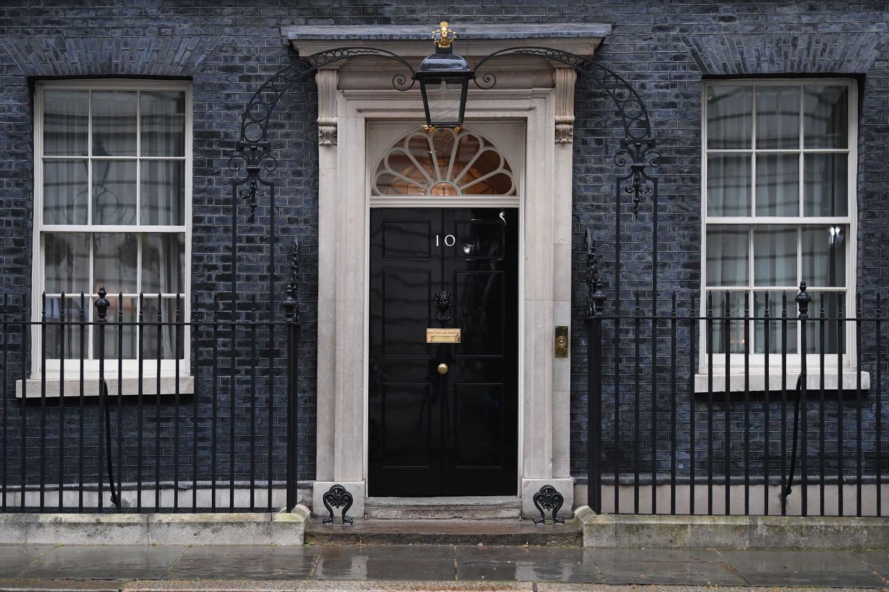 The front door of 10 Downing Street is pictured in London on April 6, after British Prime Minister Boris Johnson spent the night in hospital.