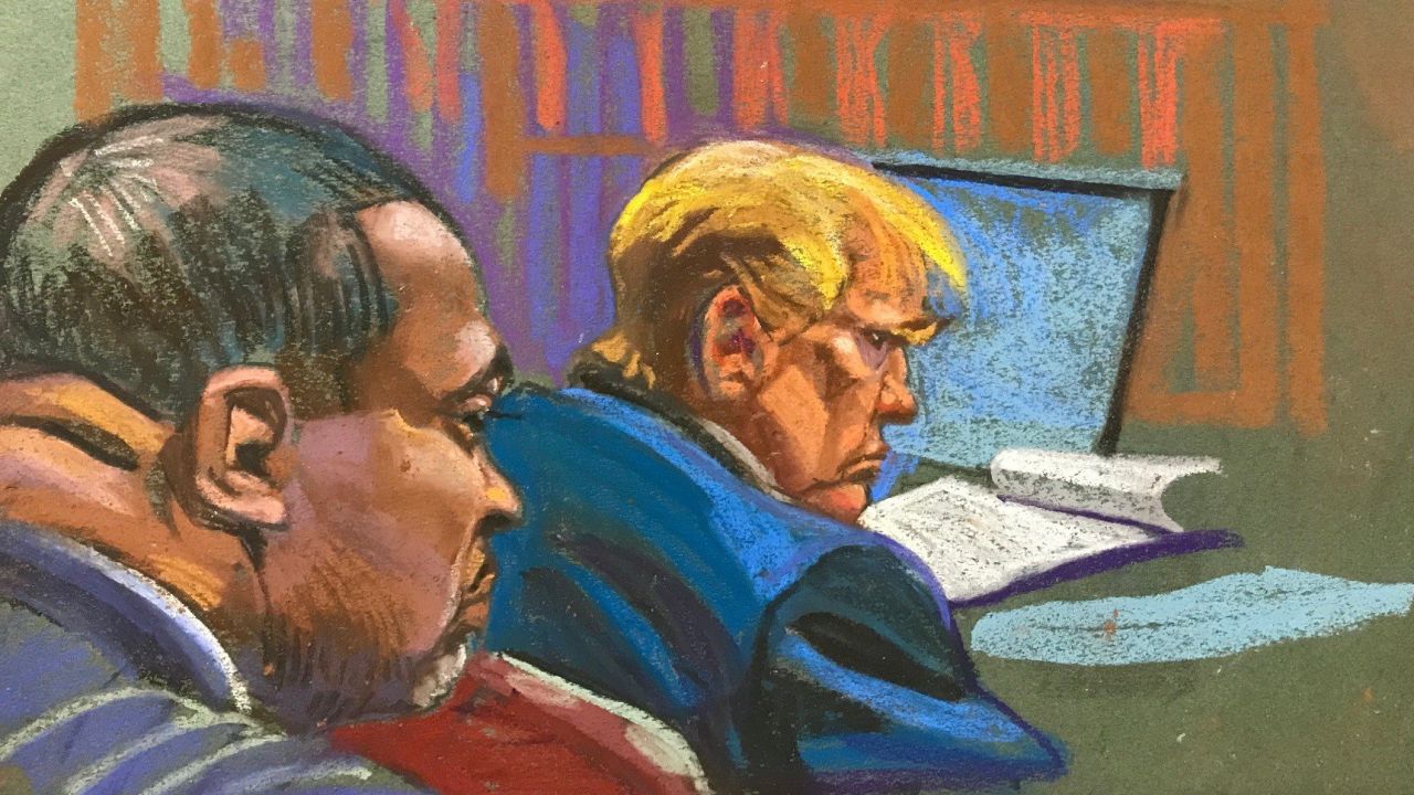 Courtroom sketch of Donald Trump seated in front of presiding Judge Juan Merchan on Friday, with Manhattan District Attorney Alvin Bragg in the foreground.