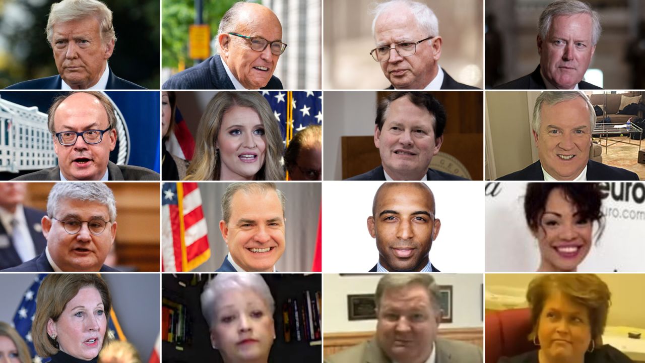 Donald Trump, Rudy Guiliani, John Eastman Jeffrey Clark, Jenna Ellis, Ray Smith, Robert Cheeley, David Shafer, Shawn Still, Harrison Floyd, Trevian Kutti, Sidney Powell, Cathy Latham, Scott Hall and Misty Hampton.