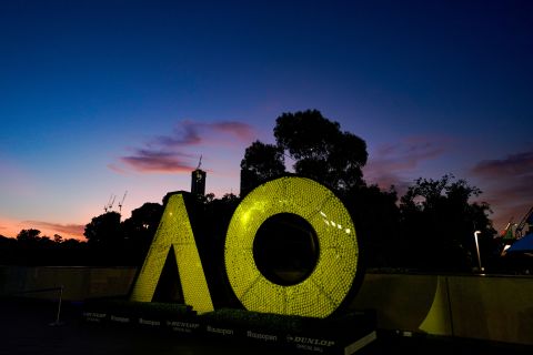 The Australian Open logo is pictured at Melbourne Park on January 28, 2020.