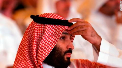 Saudi Crown Prince Mohammed bin Salman pictured at the conference on Tuesday. 