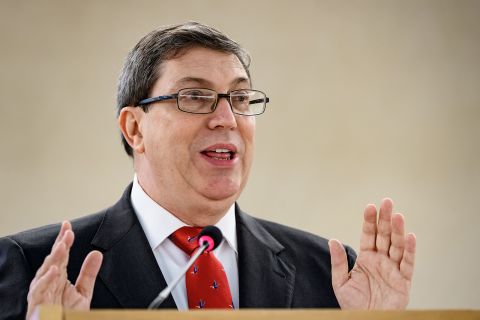 Cuban Foreign Minister Bruno Rodriguez Parrilla addresses the UN Human Rights Council's main annual session in Geneva, Switzerland, on February 25.