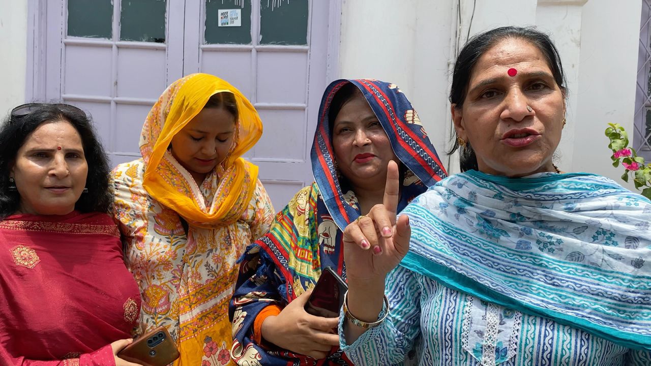 Kavita Singh (2L) and Sunita Gautam (R) during an interview with CNN, at the India National Congress headquarters in New Delhi on June 4.