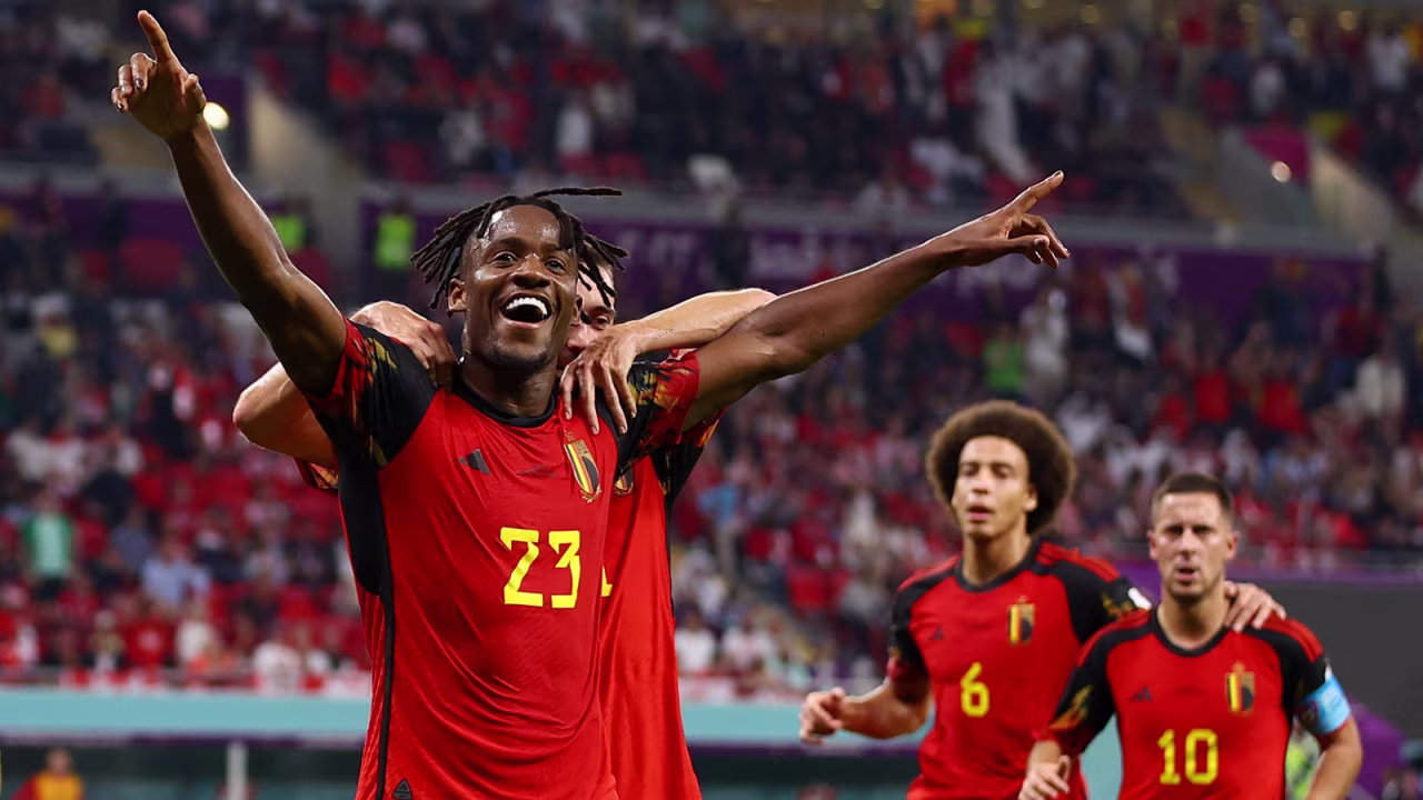 Belgium's Michy Batshuayi celebrates scoring their first goal against Canada on November 23.