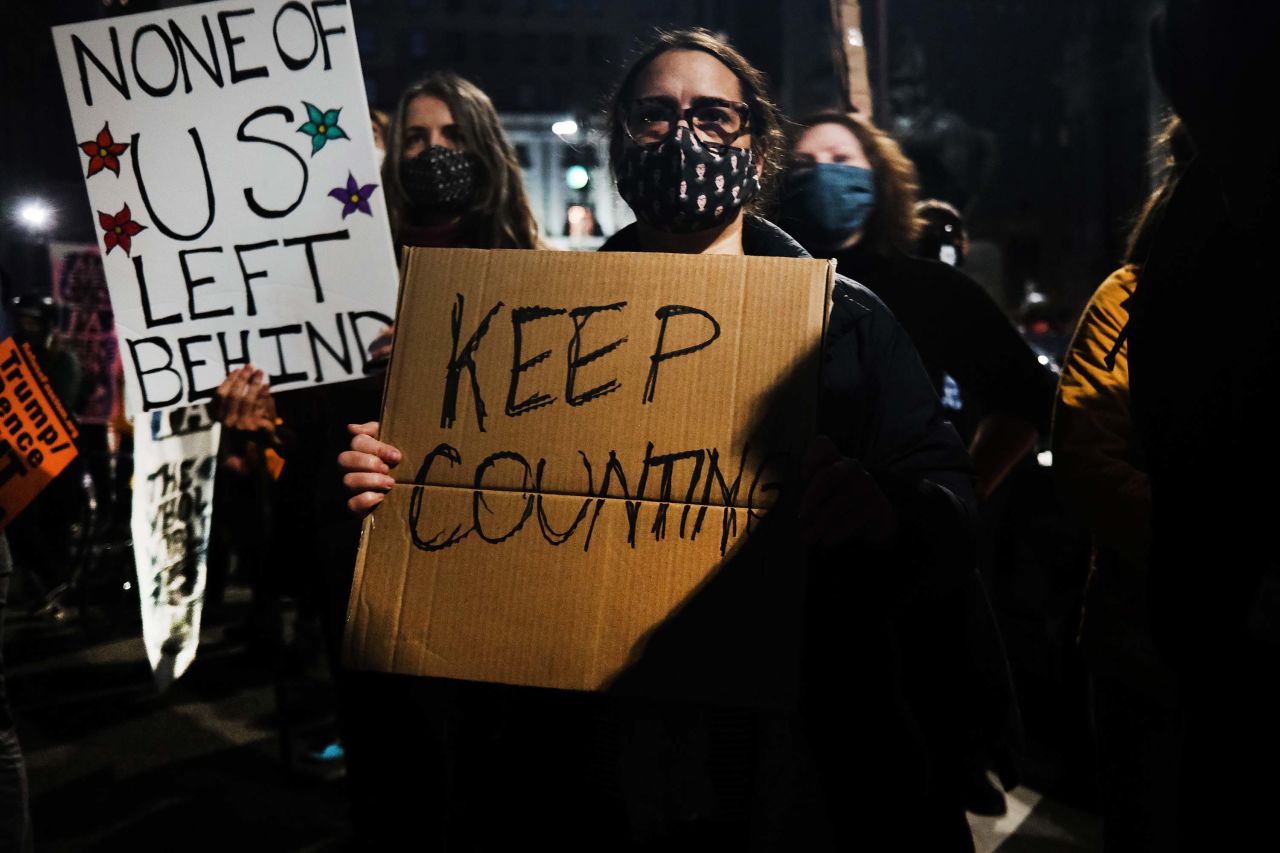 People demonstrate in support of counting all votes, in Philadelphia, Pennsylvania, on November 4.