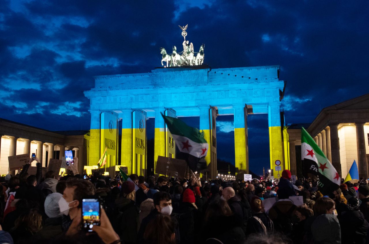 The Brandenburg Gate in Berlin is lit up in the colors of the Ukrainian flag on Feb. 24.