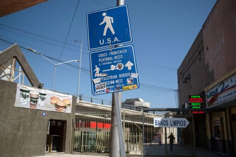 A sign indicating a pedestrian crossing from Tijuana, Mexico to the United States is pictured on September 1.
