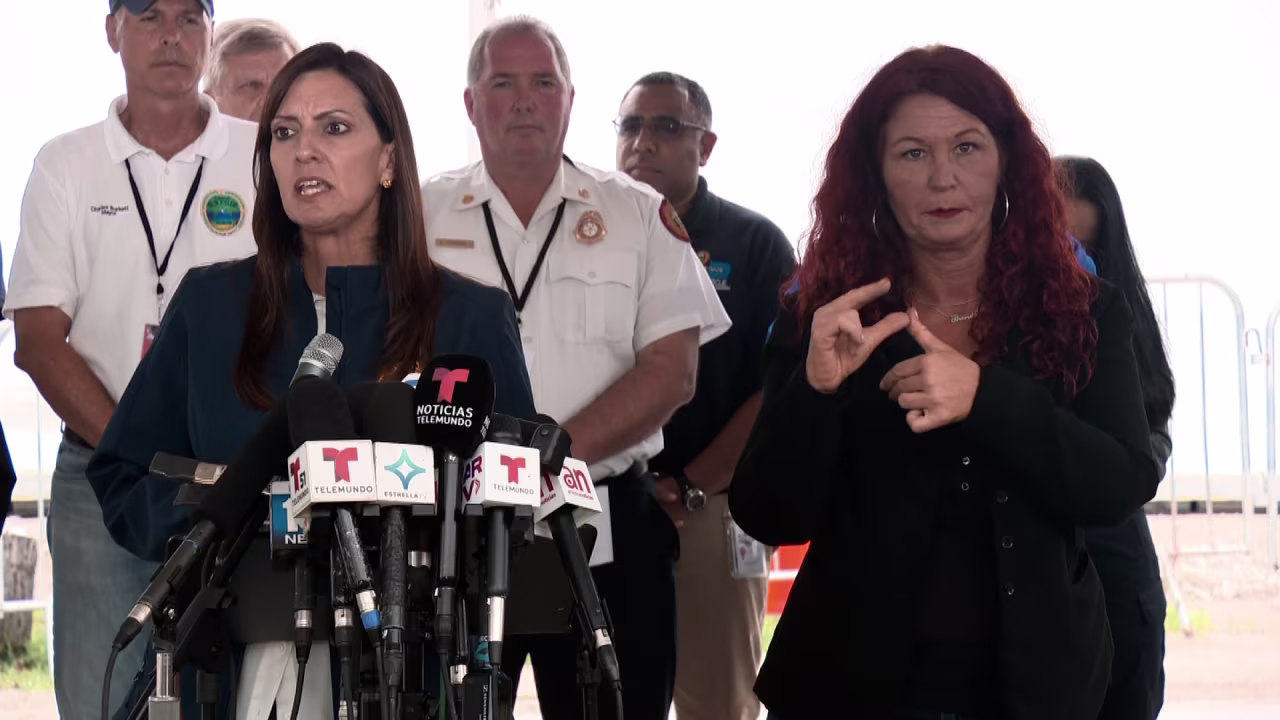 Florida Lt. Gov. Jeanette Nuñez, left, speaks during a press conference in Surfside, Florida, on July 7.
