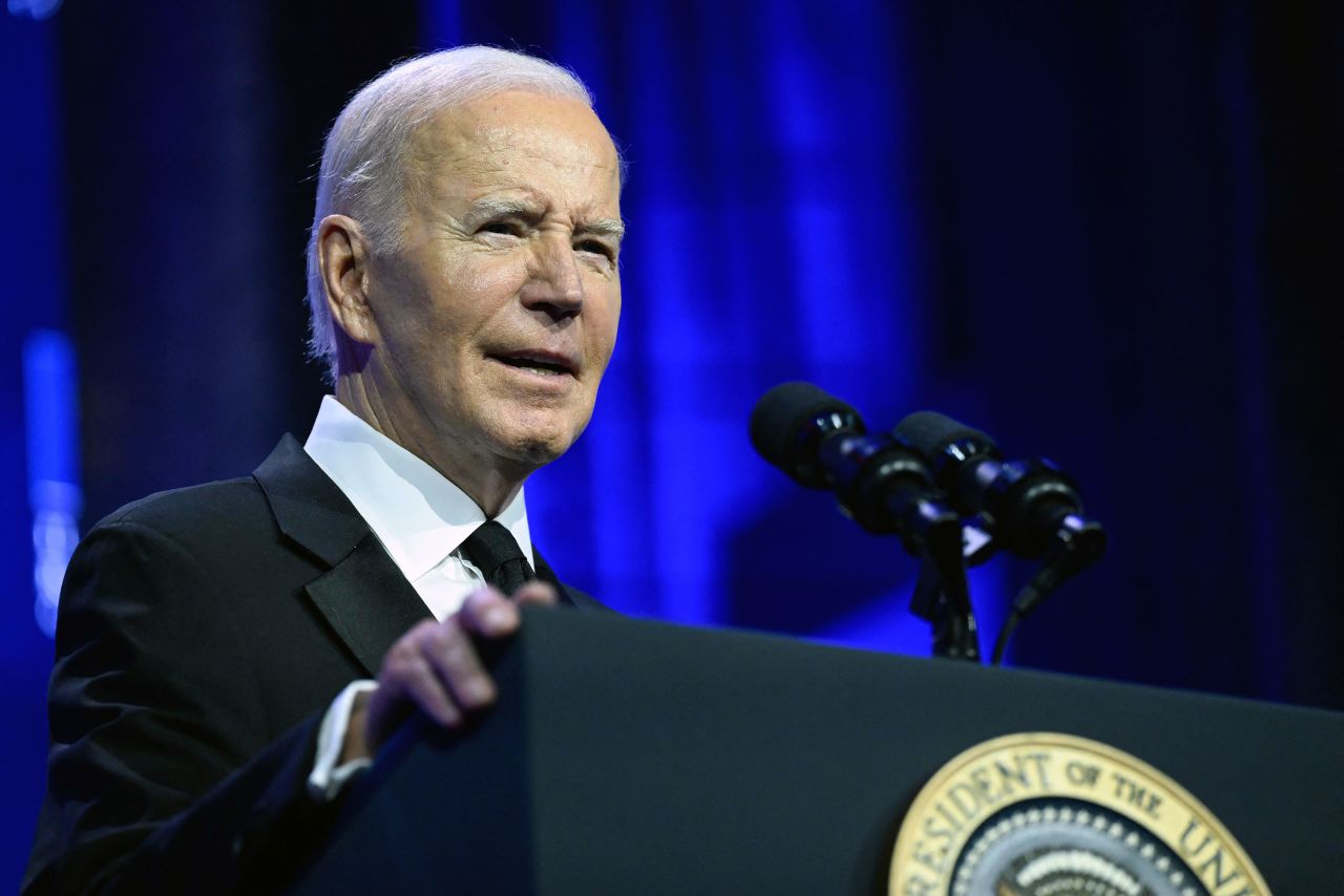 US President Joe Biden speaks at the Human Rights Campaign National Dinner in Washington, DC, on Saturday. 