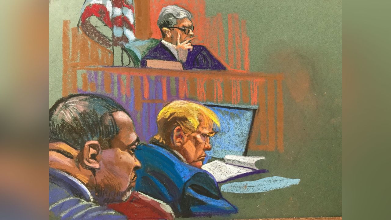 Courtroom sketch of Donald Trump seated in front of presiding Judge Juan Merchan on Friday, with Manhattan District Attorney Alvin Bragg in the foreground.