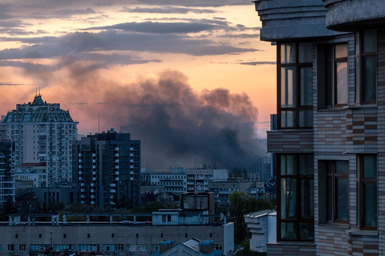 Smoke rises after missiles landed at sunset on April 28, in Kyiv, Ukraine. 