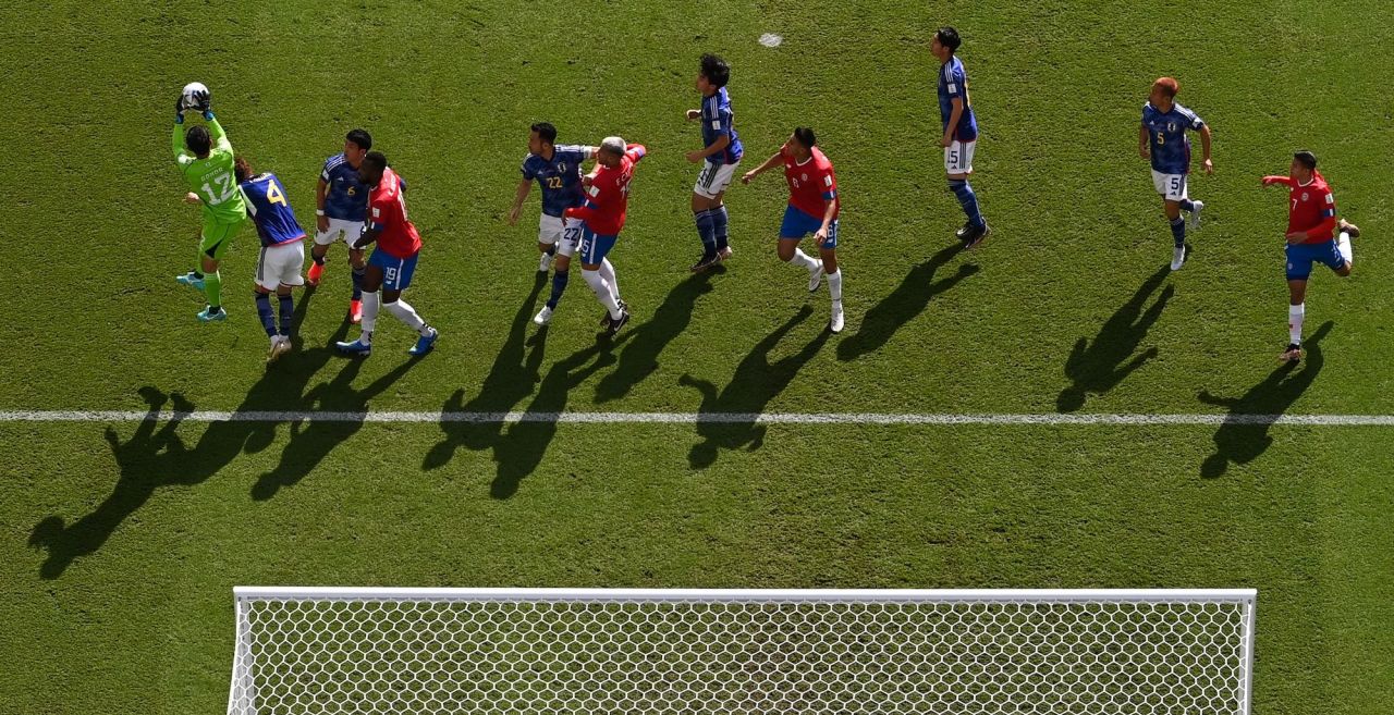 Japan's goalkeeper Shuichi Gonda catches the ball during a match against Costa Rica at Ahmad Bin Ali Stadium on Sunday.