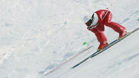 French skier Michael Prufer competes in speed skiing at the 1992 Winter Olympics in Albertville.