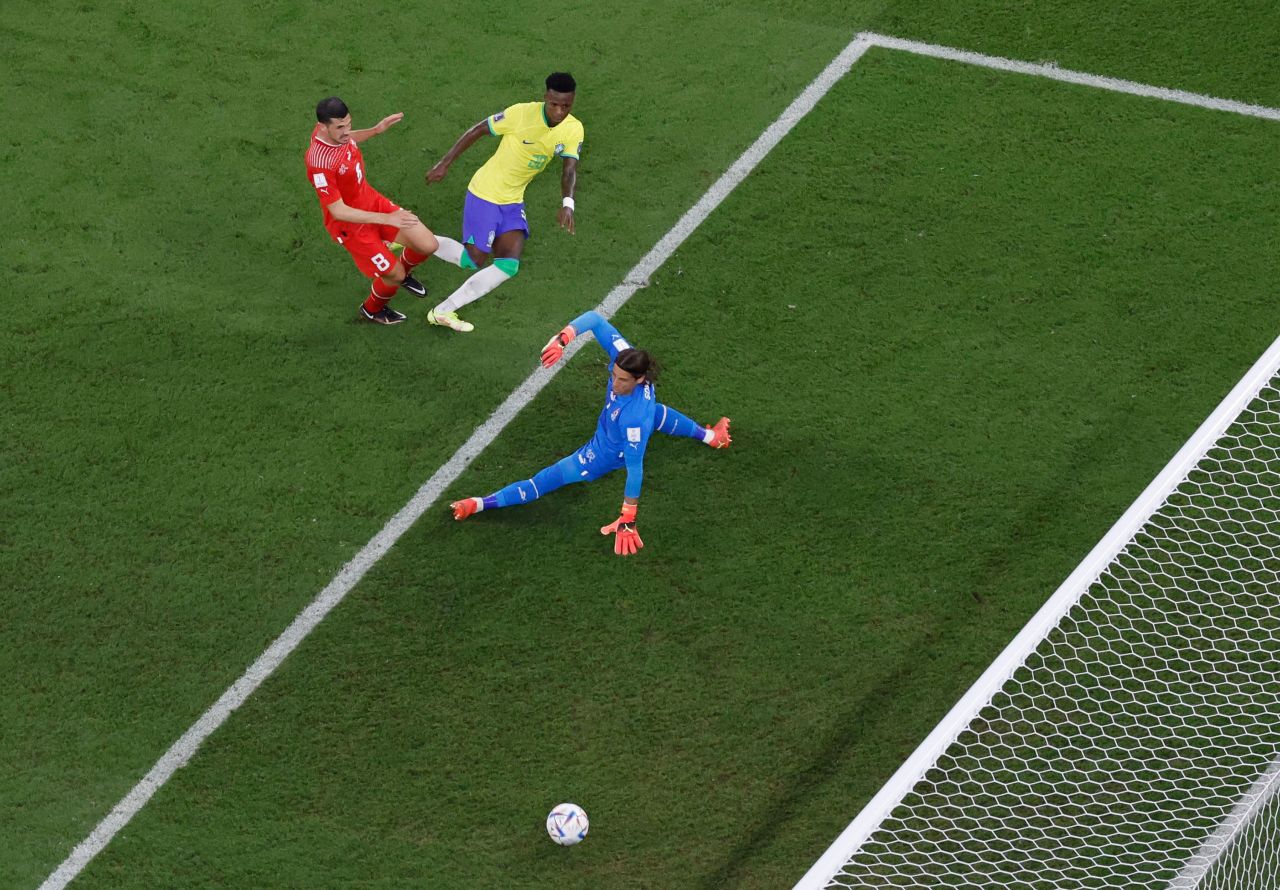 Brazil's Vinícius Júnior scores a goal that was ruled offside.