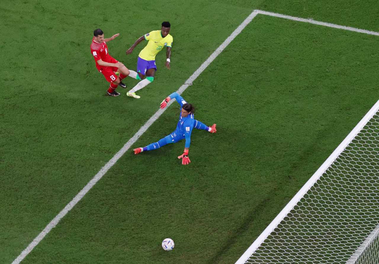 Brazil's Vinícius Júnior scores a goal that was ruled offside.