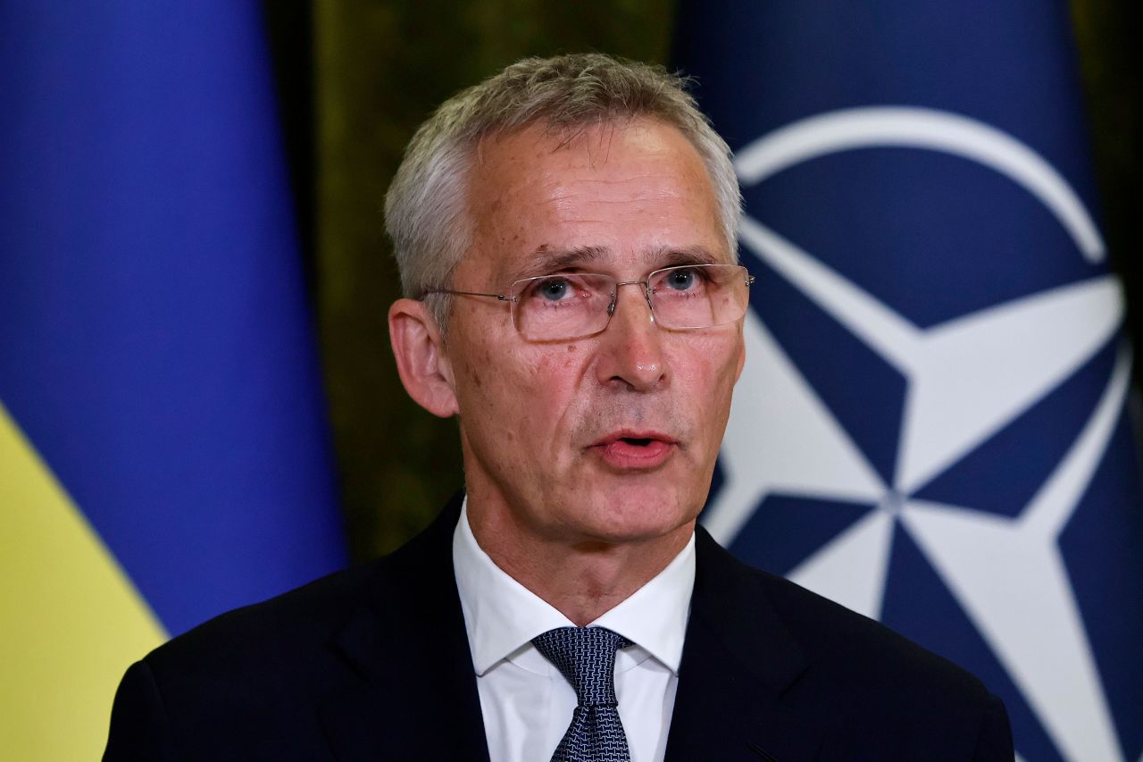 NATO Secretary-General Jens Stoltenberg speaks at a press conference in Kyiv on Thursday. 