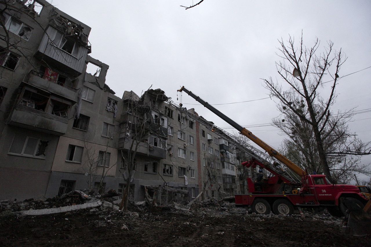 A view shows a residential building damaged by a Russian military strike in?Sloviansk, Donetsk region, Ukraine April 14.