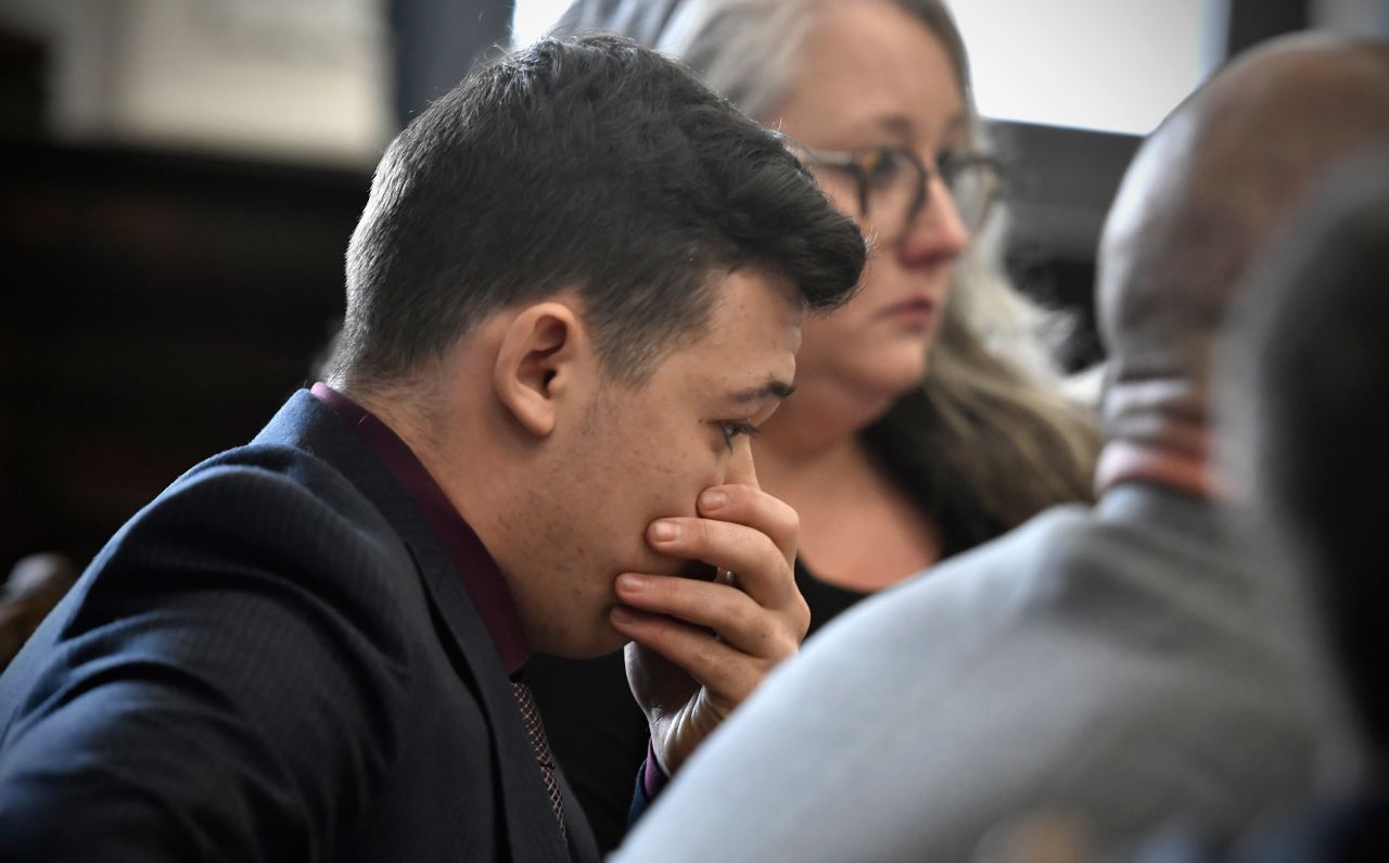 Kyle Rittenhouse reacts after being found not guilty on all counts on Friday.
