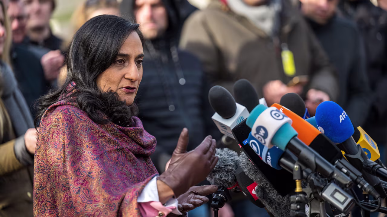 Canadian Defense Minister Anita Anand speaks to the press on January 20, in Ramstein-Miesenbach, Germany. 