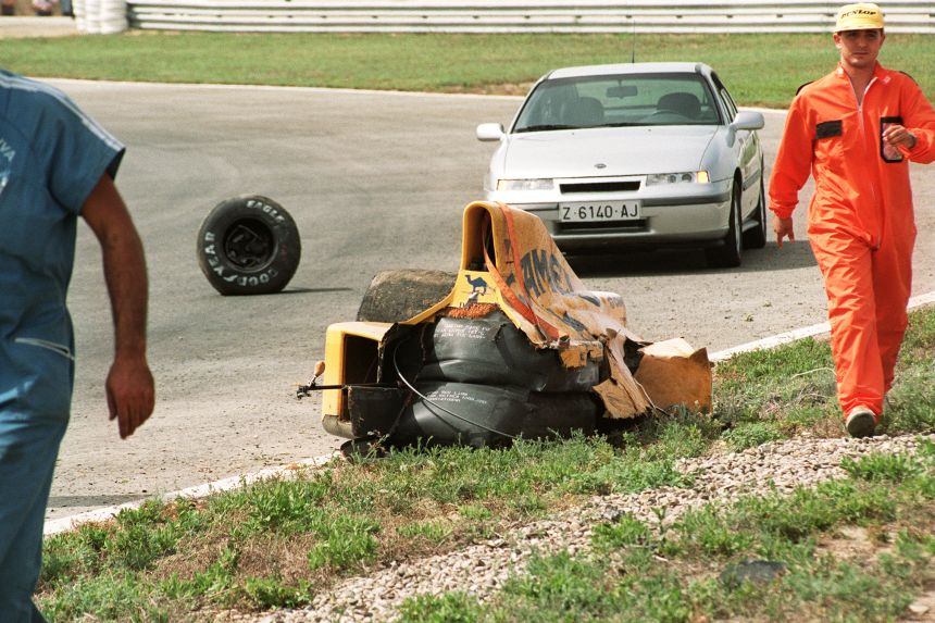 Donnelly's car was smashed into bits after it crashed on September 28, 1990 at the Jerez race track.