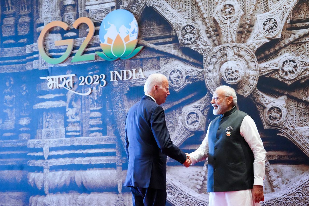 US President Joe Biden is officially welcomed to the G20 Summit by Indian Prime Minister Narendra Modi in New Delhi, on September 9, 2023. 