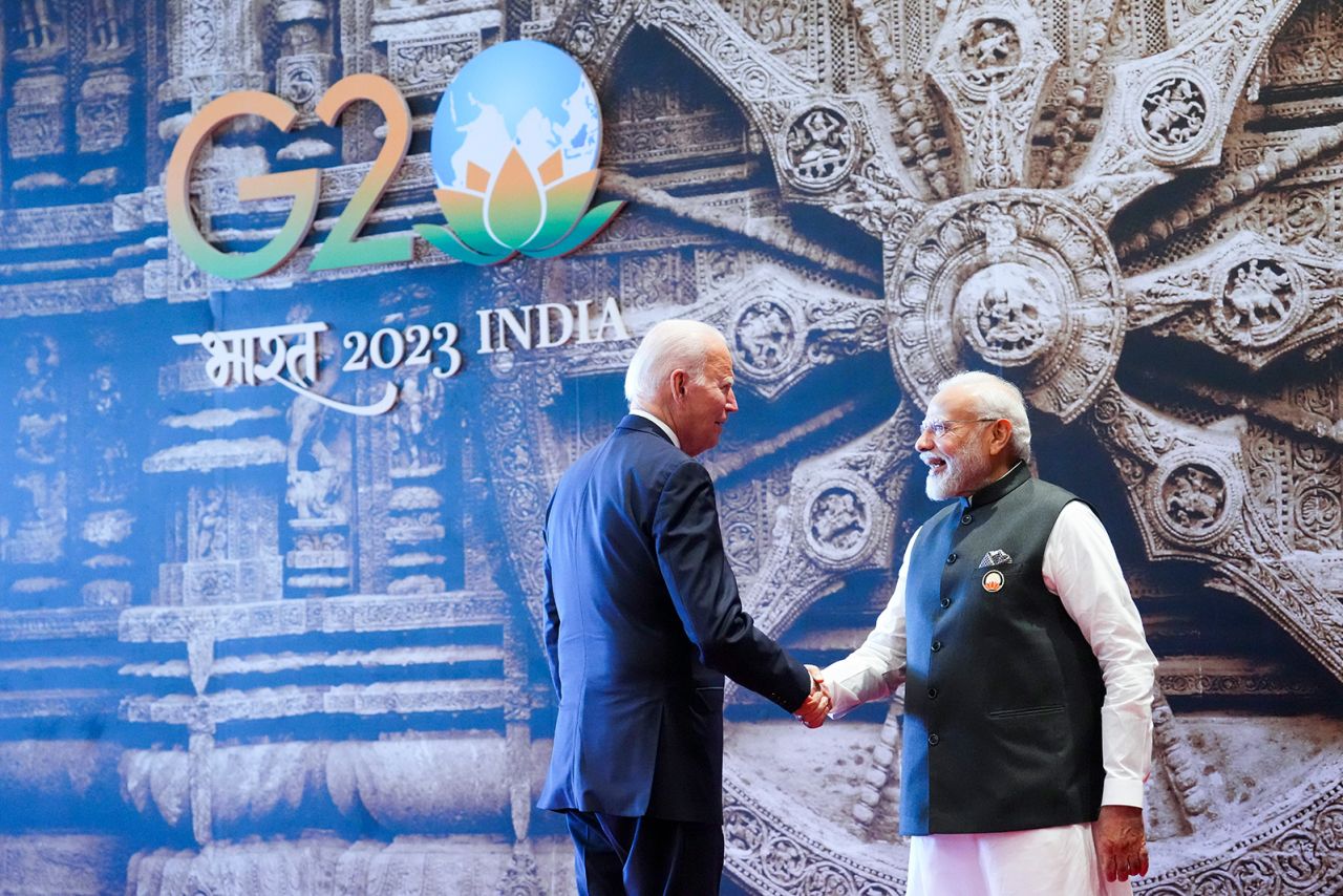 US President Joe Biden is officially welcomed to the G20 Summit by Indian Prime Minister Narendra Modi in New Delhi, on September 9, 2023.