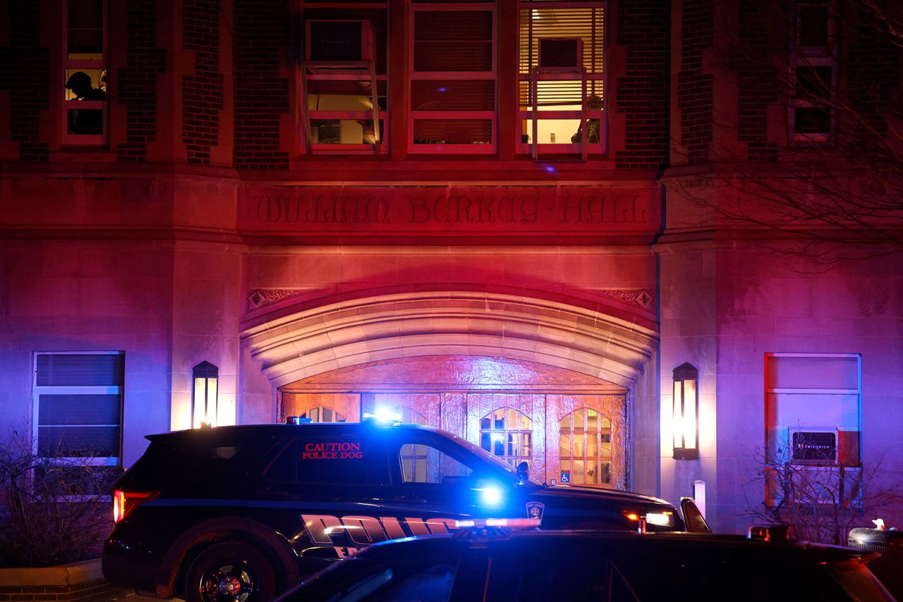 Police investigate the scene of a shooting at Berkey Hall on the campus of Michigan State University late Monday evening. 