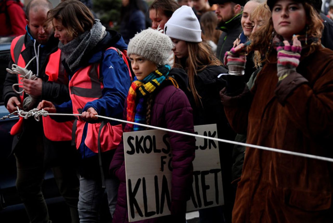 Swedish climate activist Greta Thunberg takes part in a "Youth Strike 4 Climate" protest march on March 6 in Brussels. 