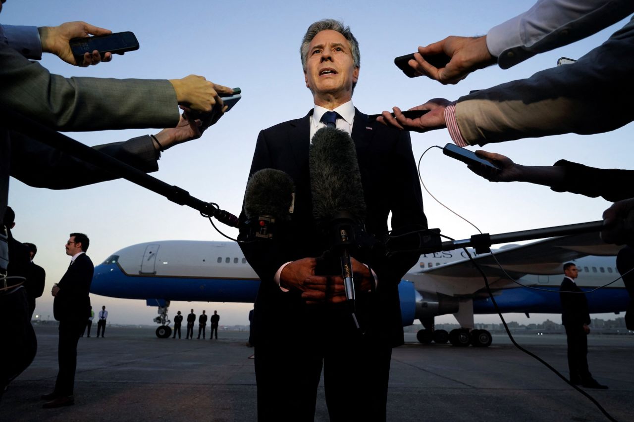 Secretary of State Antony Blinken speaks to the press before leaving Cairo on Sunday.