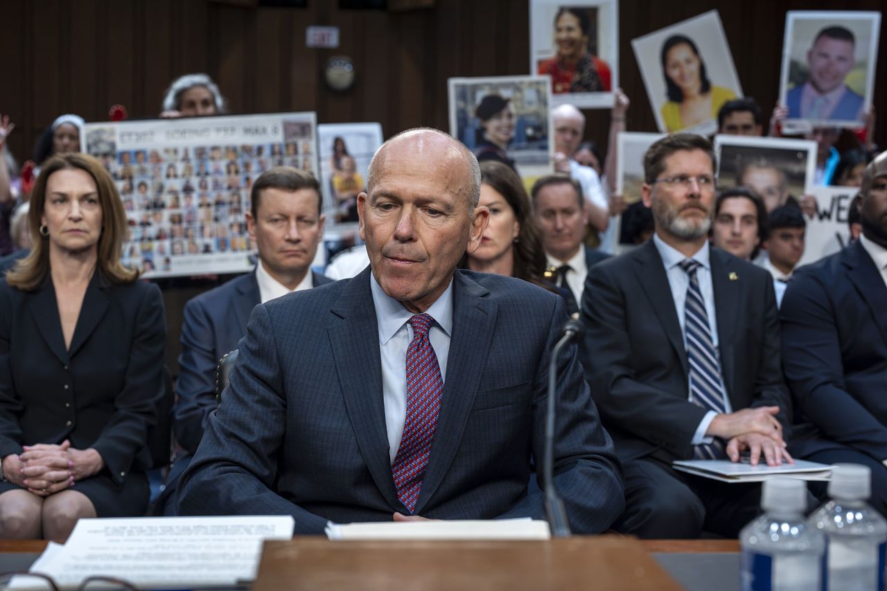 Boeing CEO Dave Calhoun testifies before the Senate Homeland Security and Governmental Affairs Subcommittee on Investigations today in Washington.