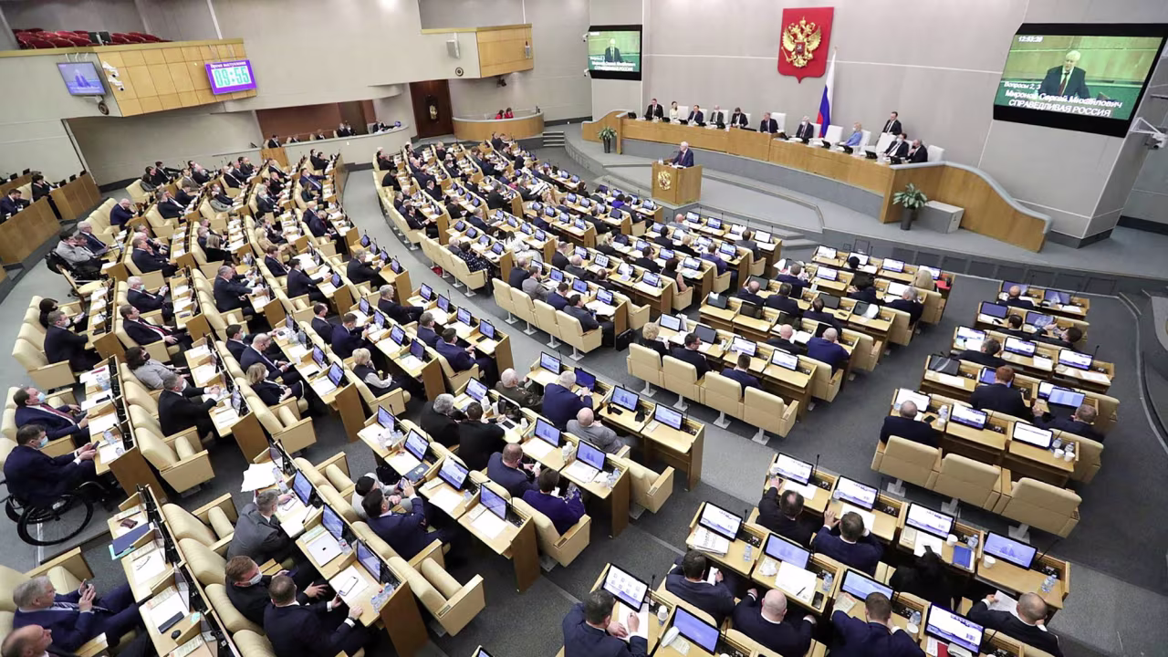 Russian lawmakers attend a session of the State Duma, the lower house of parliament in Moscow on February 22.
