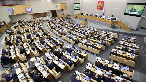 Russian lawmakers attend a session of the State Duma, the lower house of parliament in Moscow on February 22.