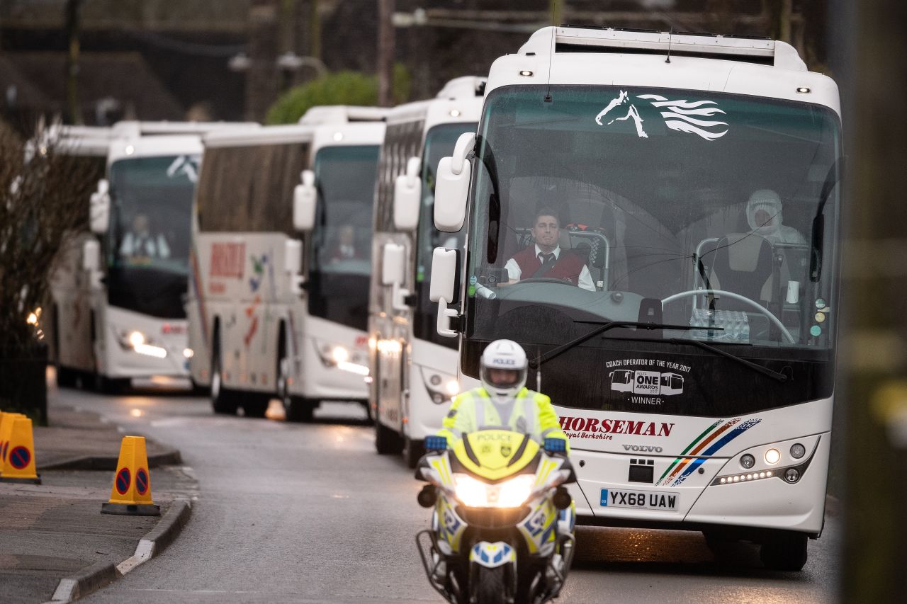 Buses transporting British and foreign nationals who had been evacuated from Wuhan to Brize Norton, England.