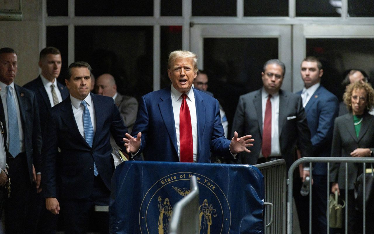 Former President Donald Trump speaksfollowing a hearing in New York, on Monday, March 25. 