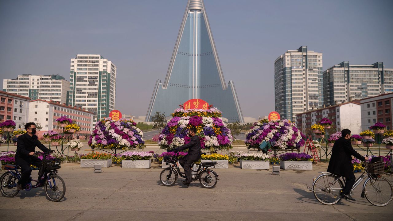 Flowers are displayed outside the Ryugyong Hotel on the occasion of the 108th birthday anniversary of late North Korean leader Kim Il Sung, known as the "Day of the Sun", in Pyongyang, North Korea on April 15.