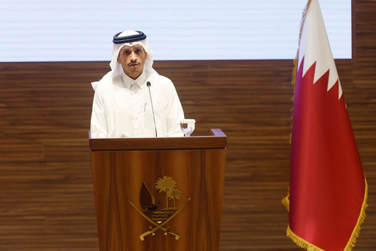 Qatar's Prime Minister and Foreign Minister Mohammed bin Abdulrahman al-Thani holds a press conference with in Doha, Qatar, on October 25.