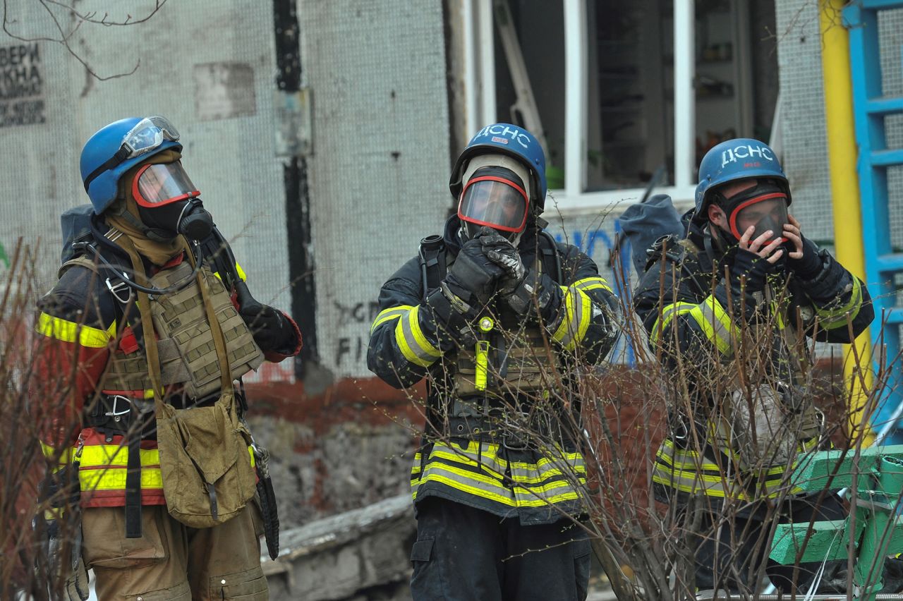 Rescuers work at a site of a residential building damaged by a Russian missile strike in?Zaporizhzhia, Ukraine, on March 22.