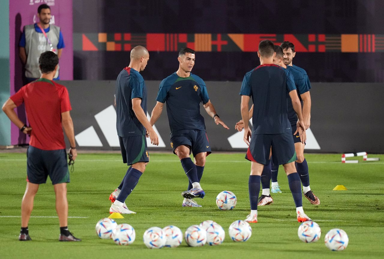 Portugal's Cristiano Ronaldo looks relaxed during a training session at the Al Shahaniya Sports Club, Al Shahaniya, on November 23.