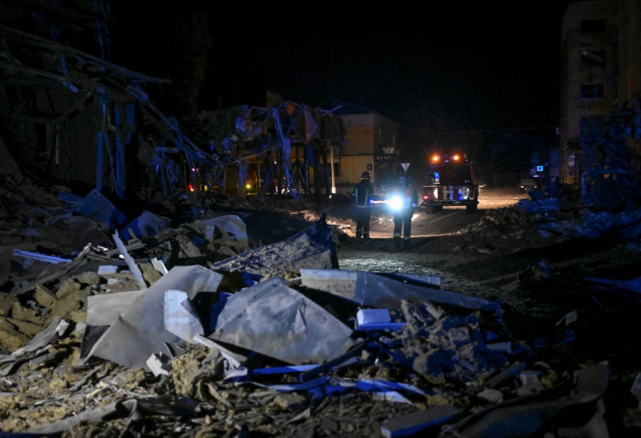 Rescuers work at the site of a Russian missile strike in Pokrovsk, Ukraine on August 8.