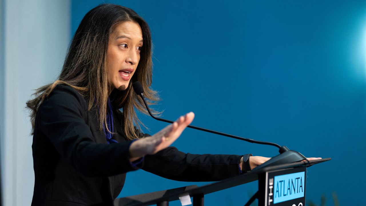 Candidate for Georgia Secretary of State Bee Nguyen speaks to the media on the day of an election debate at the Georgia Public Broadcasting offices in Atlanta, Georgia, in October 2022. 